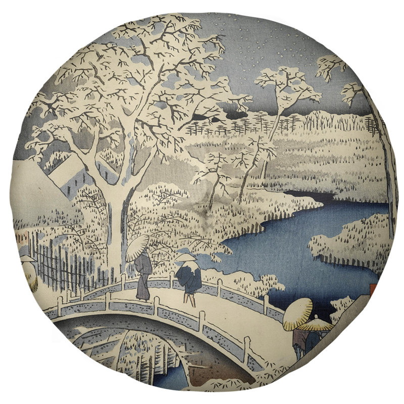 Coussin de plancher utagawa hiroshige meguro tambour et coucher de soleil hill, 27,5 po x 55,5 po, Blanc / bleu