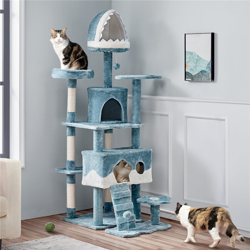 Ocean-Themed Blue and White Sisal Cat Tree Tower