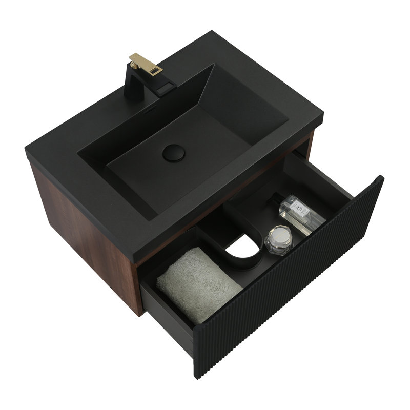 Meuble-lavabo mural flottant 30 po moderne en noyer fumé avec plateau en quartz noir, 30"