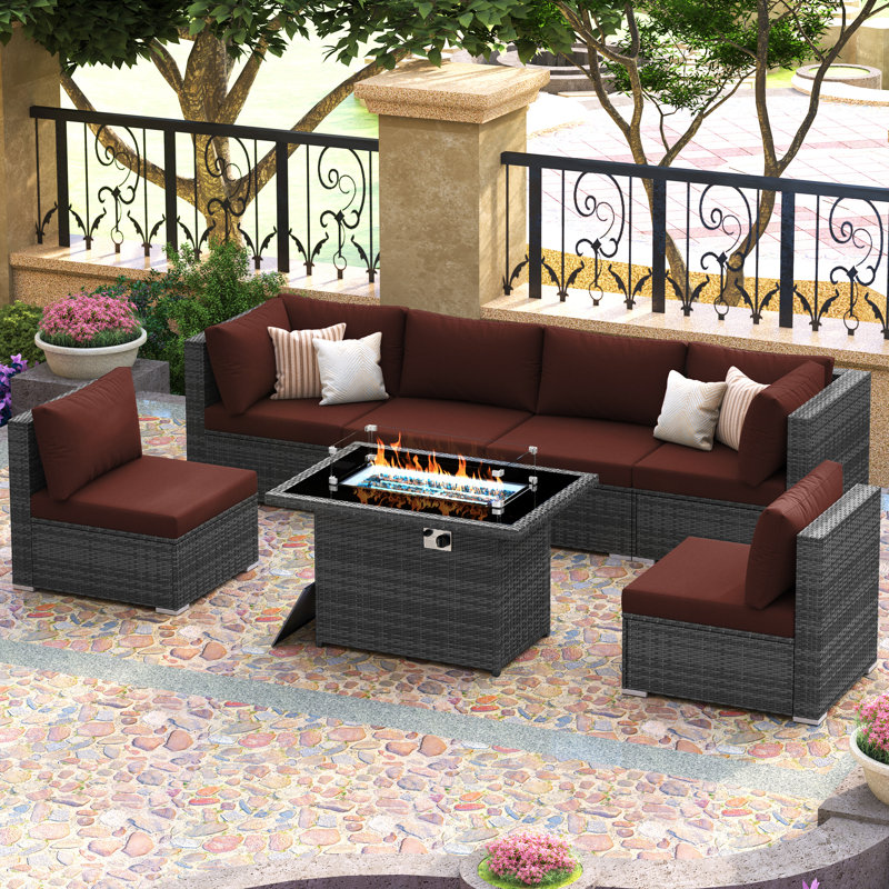 7-Piece Outdoor Furniture Set with Fire Pit Patio Wicker Conversation Set Cushions, Charcoal, Ruby Red