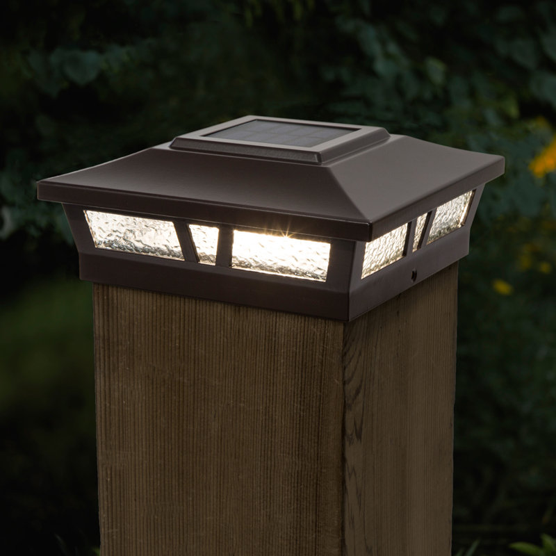Oxford Solar Powered Integrated LED Aluminium Fence Post Cap Light 6 in. x 6 in. with Base Adapter Included, Brown