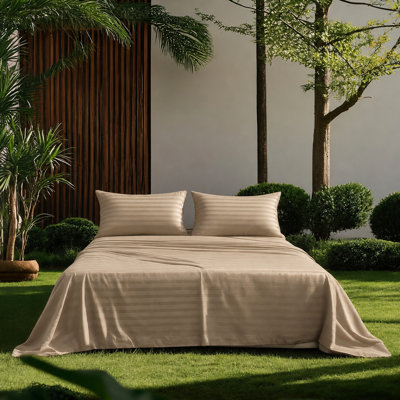 Beige sheet set with a subtle damask stripe pattern and two matching pillowcases.