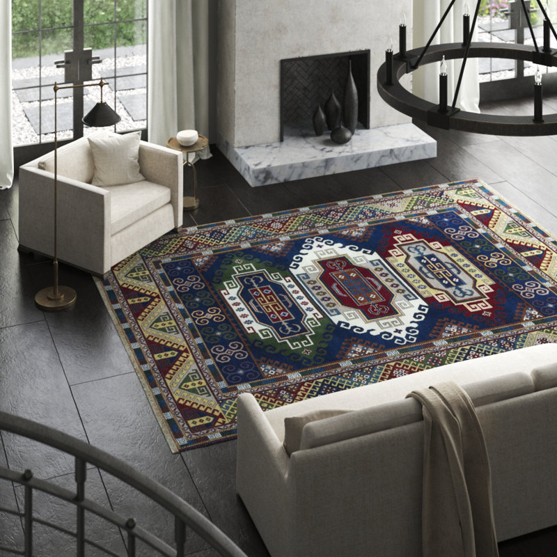 Wool Oriental Area Rug in Blue/Cream/Wine/Green