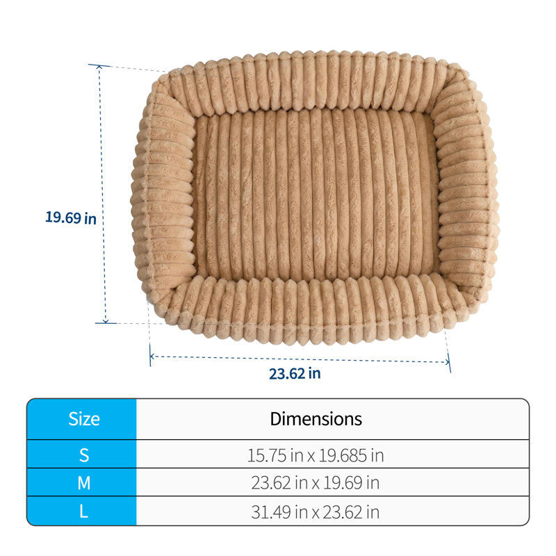 Canapé-lit rectangulaire d'intérieur pour chien, à rayures douces, avec surface pelucheuse et rembourrage en coton PP, 60 x 50 cm. Coussin de couchage pour animal de compagnie avec bords surélevés et fond antidérapant, marron.