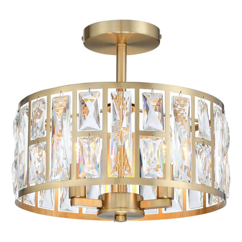 Plafonnier semi-encastré 3 lumières l 12 po avec abat-jour cristal, abat-jour tambour doré pour chambre à coucher, Doré