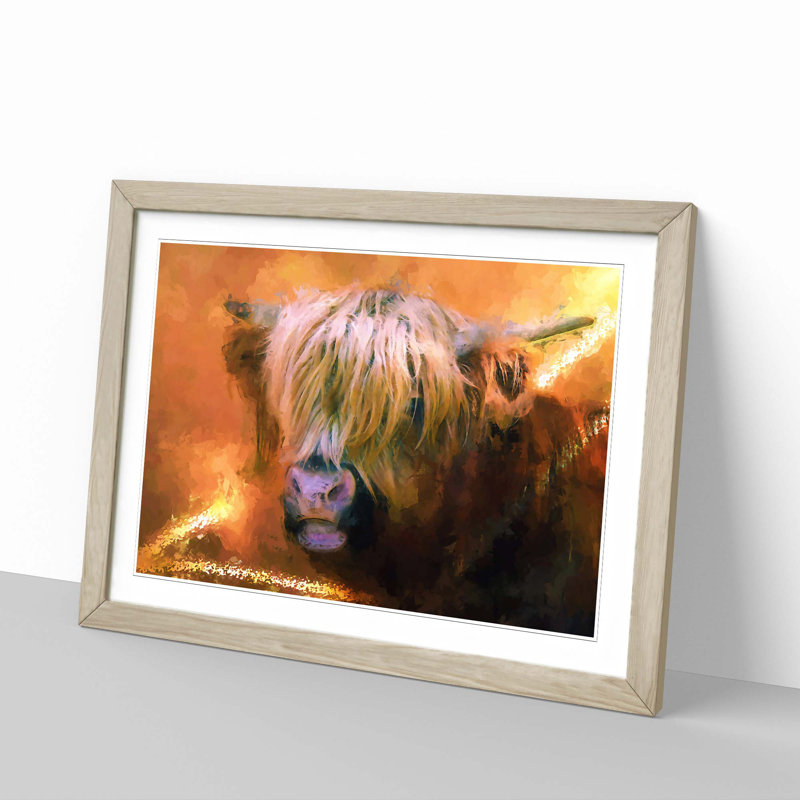 Portrait of a Highland Cow in Abstract - Framed Print, 50cm H x 76cm W x 2cm D, Oak