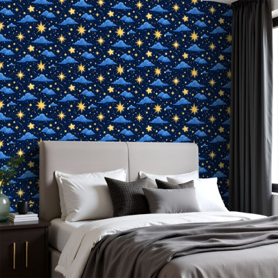 Removable Peel and Stick Wallpaper Roll Starry Night Sky Soft Clouds Glowing Stars 23.6"W x 118"H