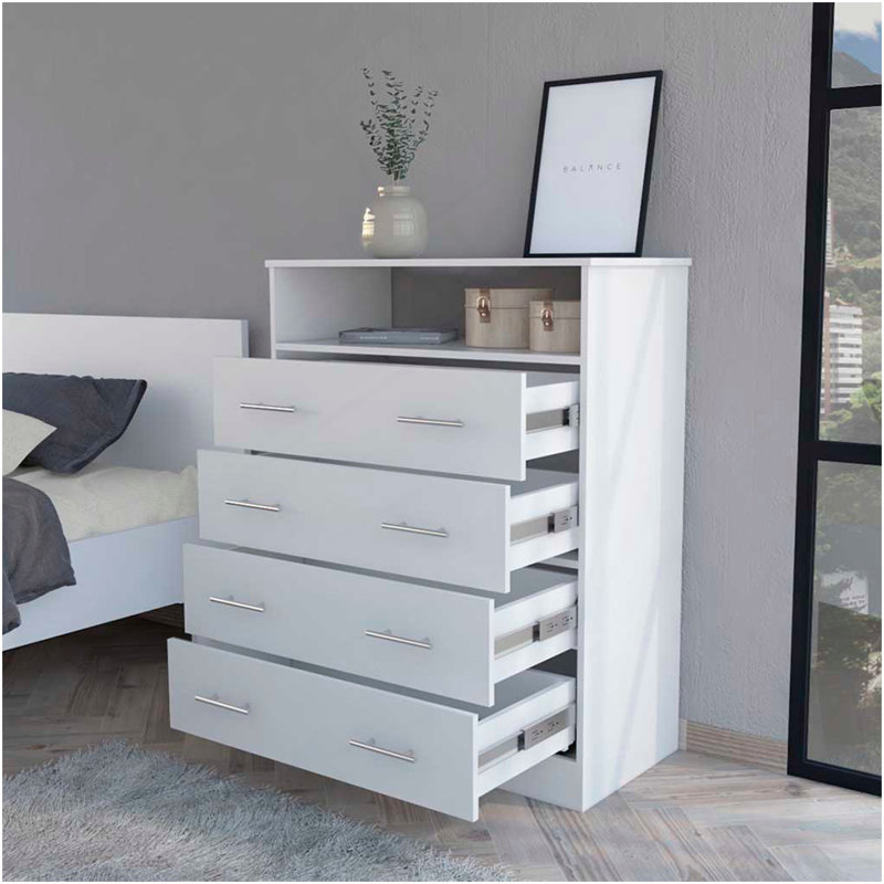 Commode à quatre tiroirs Lagos, une tablette, un plateau, Blanc
