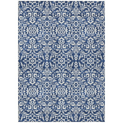 3' X 5' Navy Blue And Ivory Damask Washable Indoor Outdoor Area Rug