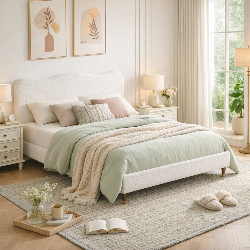 Lit plateforme tapissier avec tête de lit réglable Wauseon Boucle, Lit double