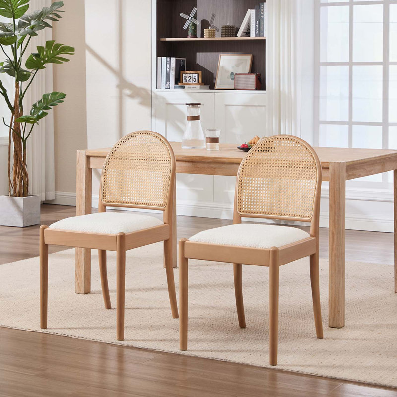 Ensemble de 2 chaises d'appoint en rotin, avec dossiers et pieds en bois, Blanc, Naturel