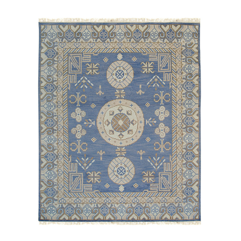Tapis oriental bleu en laine noué à la main traditionnel, Rectangle de 10 pi x 14 pi