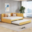 Lit plateforme avec couchette gigogne et lit double en tissu d'ameublement classique jaune, aucun sommier tapissier requis