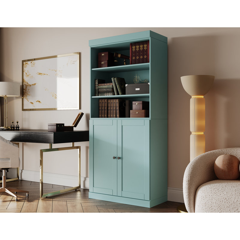 Palace Imports 100% Solid Wood 6-Shelf Bookcase, Shaker Doors, Adjustable Shelves, 32" Wide, 71.5" Tall, Aqua Blue