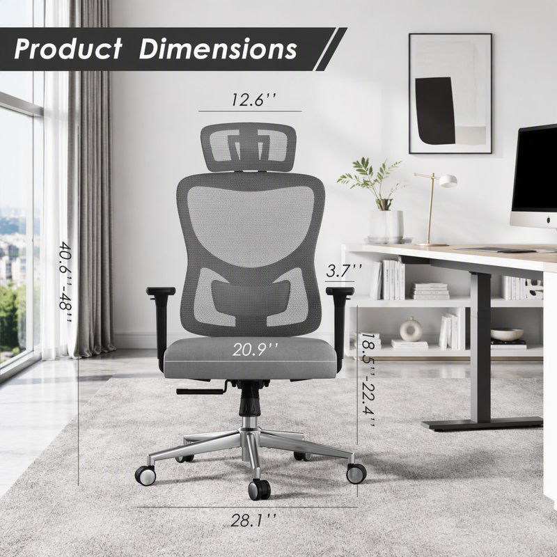 Chaise de bureau ergonomique à haut dossier avec accoudoirs réglables en 3D, Noir / noir / gris