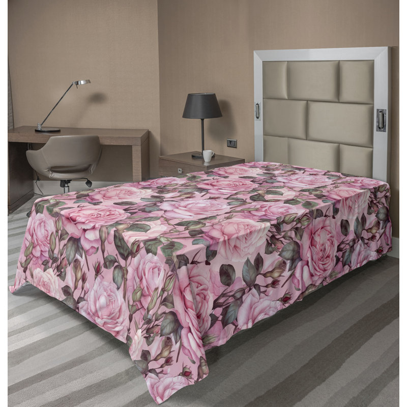 Ambesonne drap plat floral romantique roses, art botanique rose pastel et gris taupe, Drap plat pour lit simple