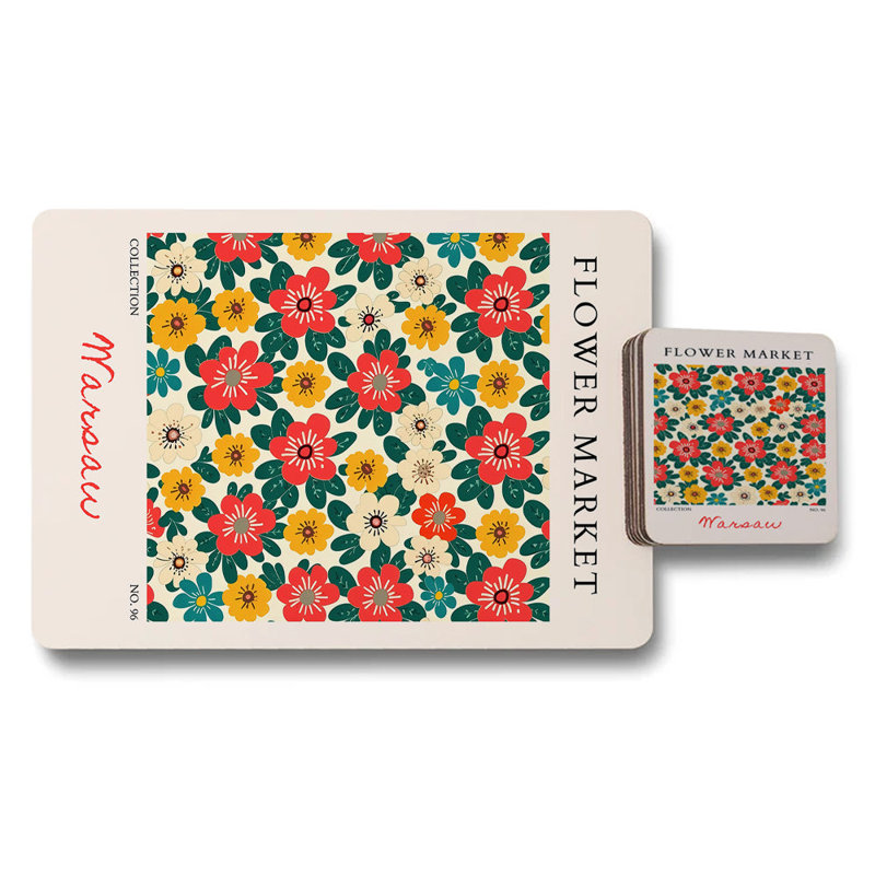 Manseau Flower Market Placemats And Coaster Set With Wood Base And High End Print No 96