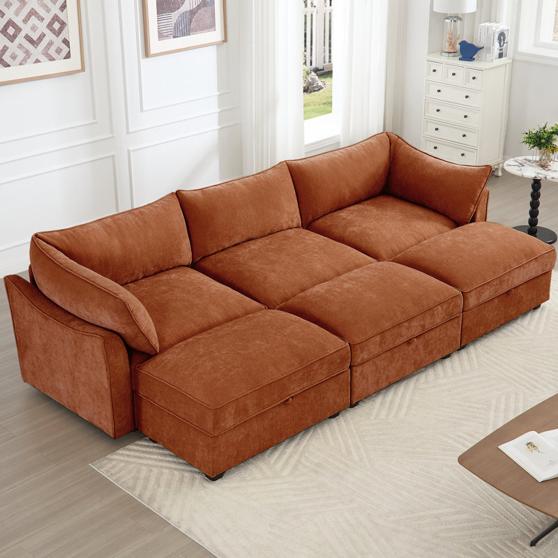 Chenille orange à 3 places avec repose-pieds, fonction de rangement modulaire, accoudoir en forme de croissant et matériau de peau douce, canapé modulaire à choix de couleurs multiples, tiroir sous chaque siège, ligne épurée