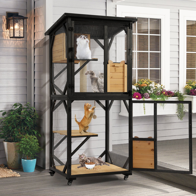 Black and Natural 4-Tier Outdoor Wooden Cat House with Wheels