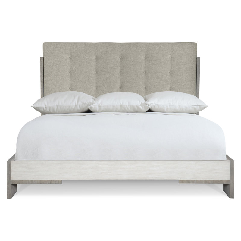 Gray Queen Upholstered Bed with Tufted Linen Headboard