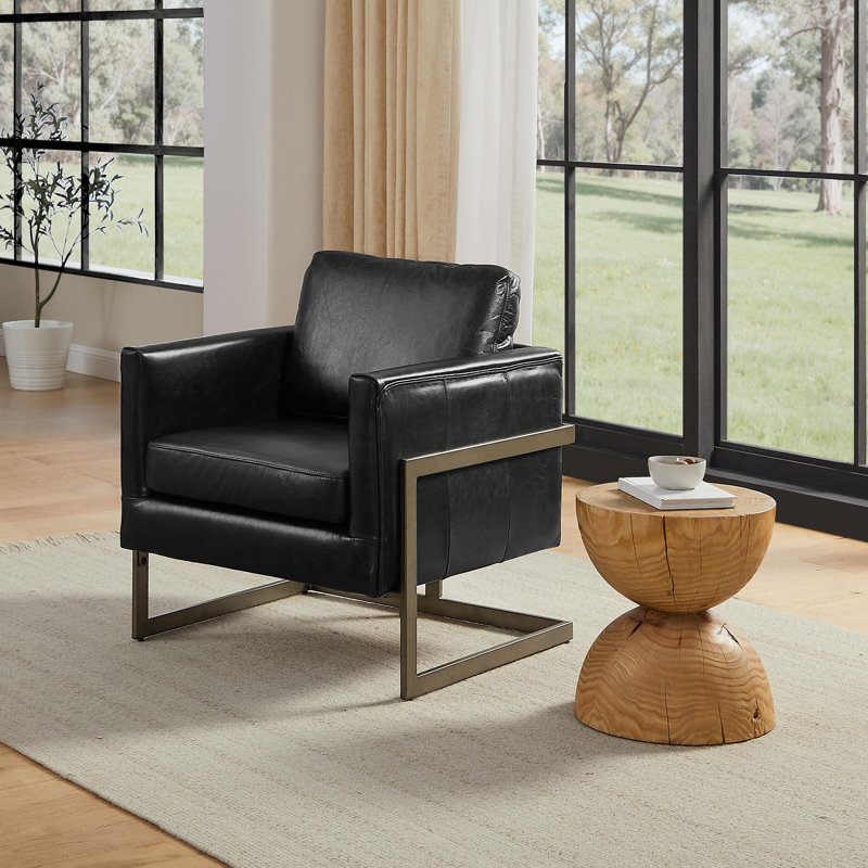 Top Grain Genuine Leather Accent Arm Chair, Black