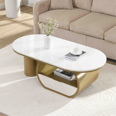 Table basse ovale de luxe moderne, table basse de 47,24 po avec tiroir de rangement, plateau en faux marbre, table centrale en métal doré pour le salon
