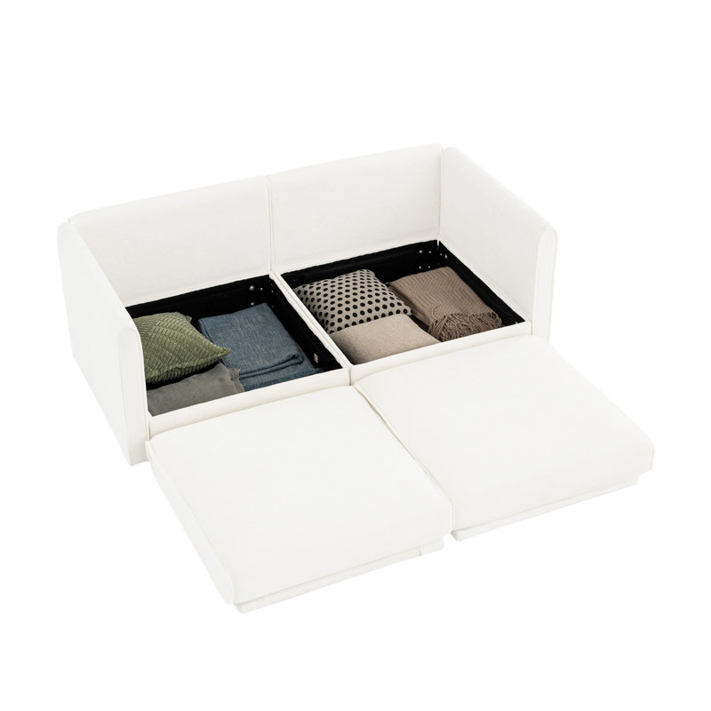 Élégant canapé 2 places en chenille blanche avec siège de rangement, dossier cylindrique et accoudoirs, causeuse moderne en tissu avec espace de rangement caché