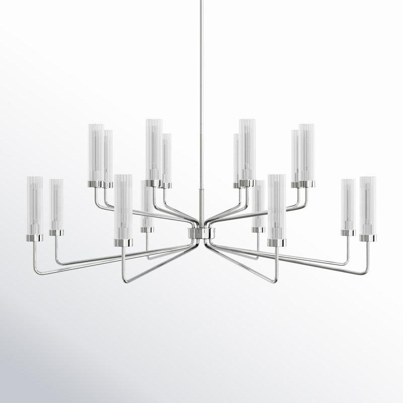 Polished Nickel 16-Light Chandelier with Clear Ribbed Glass Shades