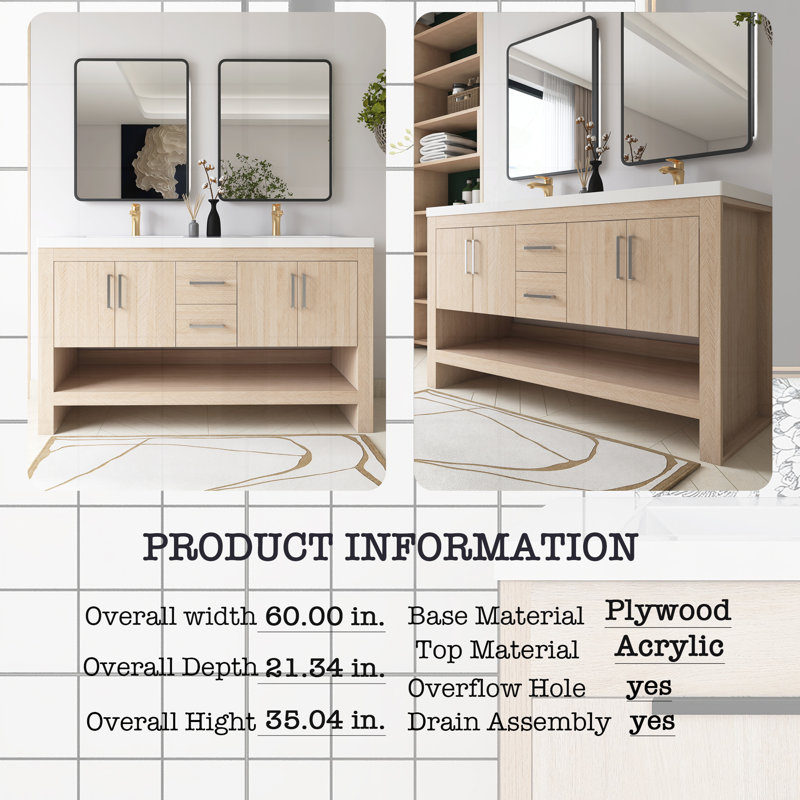 60 In. W X 21 In. D X 35 In. H Double Sink Freestanding Bath Vanity In Light Oak With White Acrylic Top