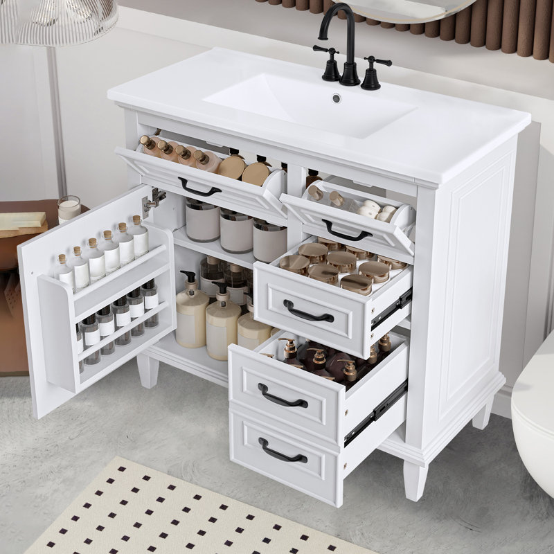 36" Bathroom Vanity Storage Cabinet With Ceramic Sink Top, White/Black