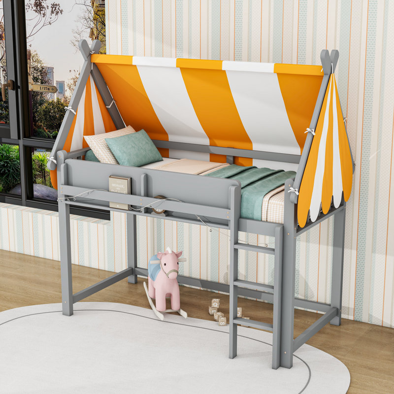 Loft Bed with Canopy, LED String Lights and Built-in Bookshel, Gray, Twin