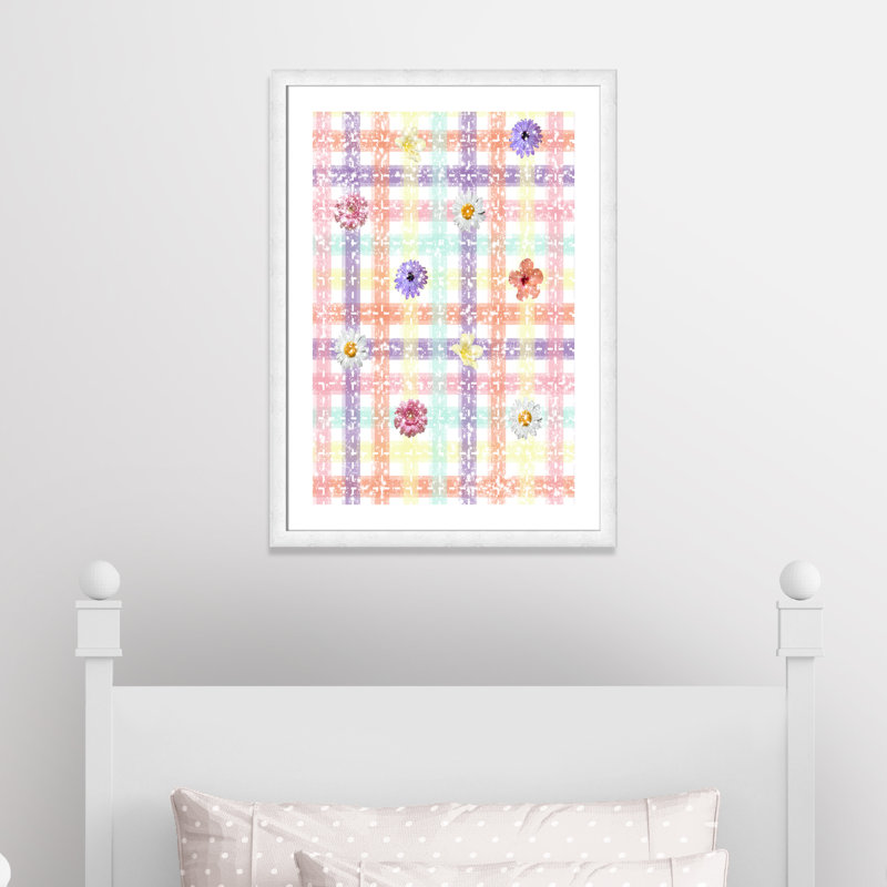 Impression sur papier à carreaux unique avec fleurs, H 36,5 po x l 26,5 po x P 0,625 po, Encadré plat à grain de bois blanc