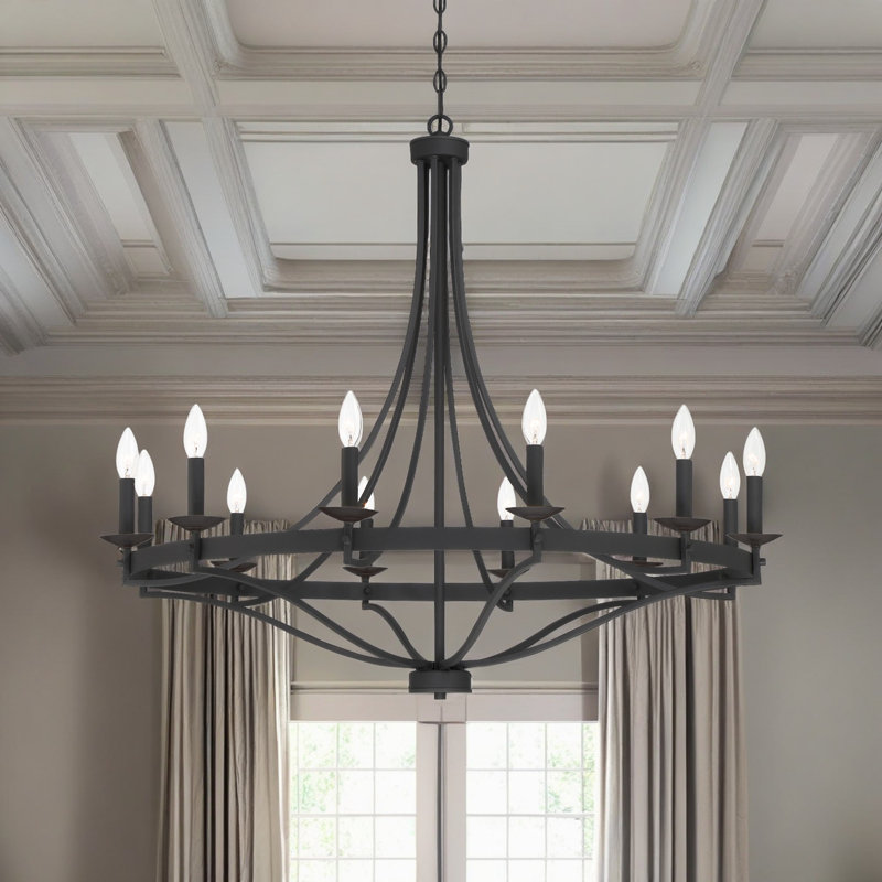 Mattheo 12 - Light Steel Candle Style Dimmable Wagon Wheel Chandelier, Black