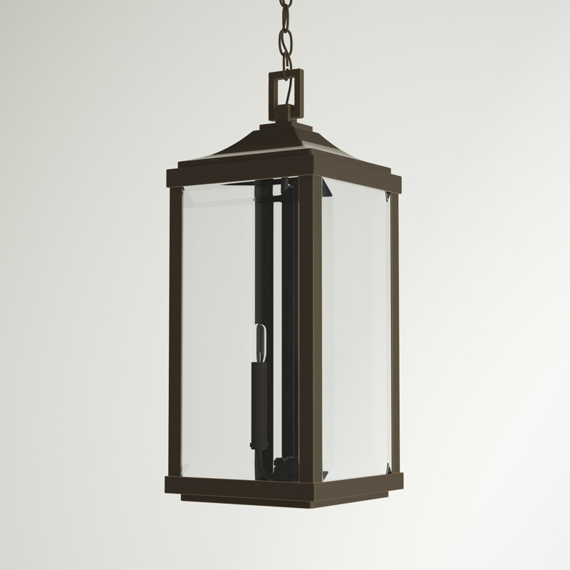 Devereux Antique Bronze 3-Light Outdoor Hanging Lantern with Etched White Pillar Shade