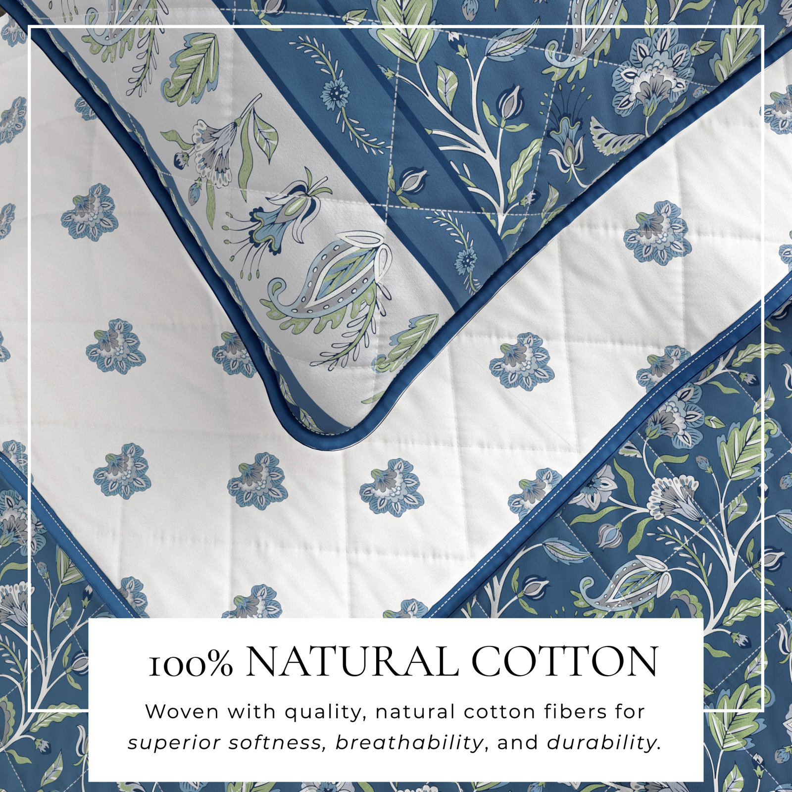 Floral Bordered Cotton Quilt Set, Blue Floral, Twin Quilt + 1 Standard Sham