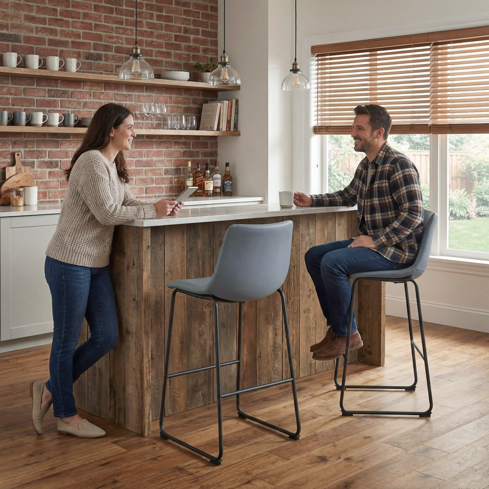 Anke Vegan Leather Armless (Set of 2), Gray, Bar Stool (29" Seat Height)
