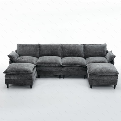 [NEW ARRIVED]Modular Sofa,U Shaped Cloud Couch Comfy Set ,6-Seater, 2 Armrest Pillows,Convertible Sectional  Couch, Living Room,Apartment, Chenille(2 Movable Ottoman), Dark Gray