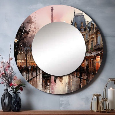 Rendez-vous rose à Paris I - miroir unique de Paris, grand miroir mural rond traditionnel, impression d'art en métal