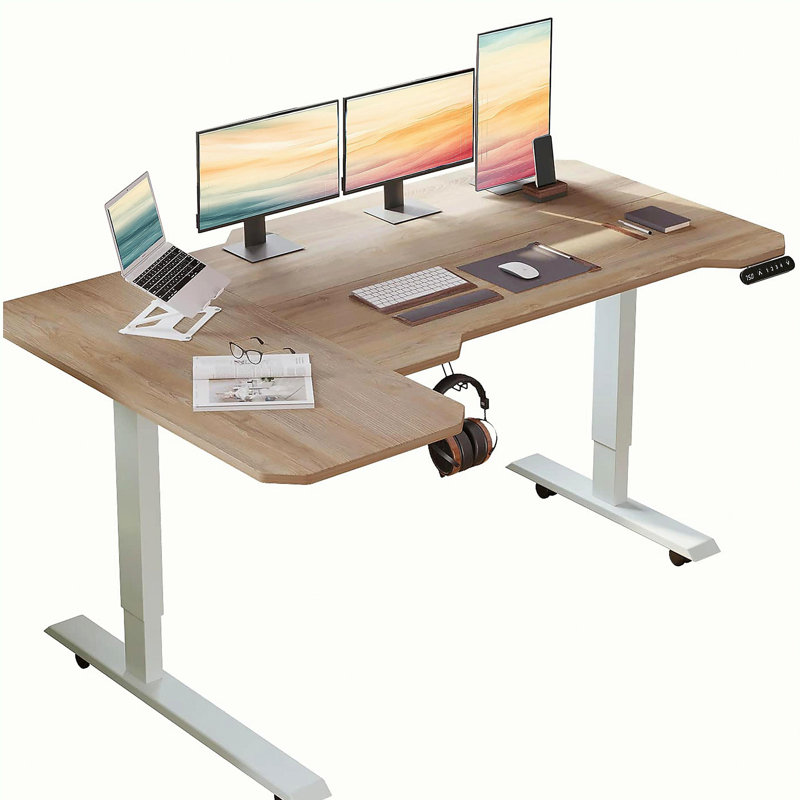 Bureau debout électrique en L à hauteur ajustable de 59 po, bureau assis et debout pour bureau à domicile, chêne