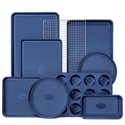 9-Piece Nonstick Bakeware Set, Stackable Non-Toxic Diamond Texture Oven Baking Pans, Includes Cookie Sheet With Rack, Cake Pan, Roasting Pan & Muffin Tin