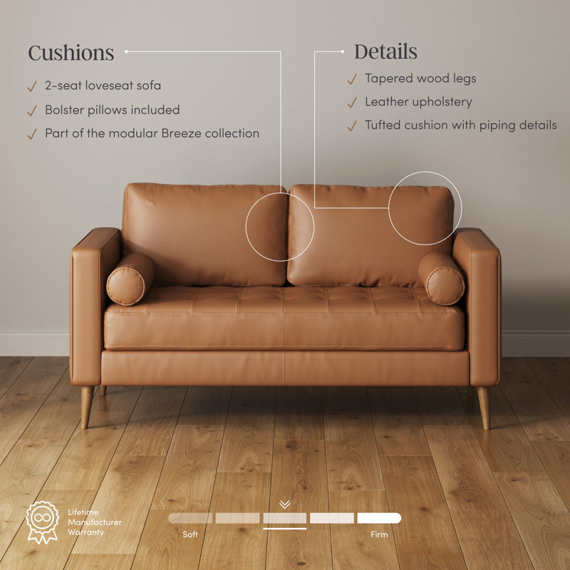 Camel Leather Sofa With Tufted Bench Cushion And Solid Wood Frame
