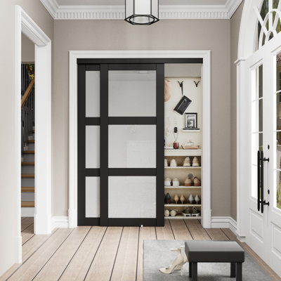 80" Black MDF Frosted Glass Space-Saving Sliding Closet & Pantry Door with Complete Hardware Set