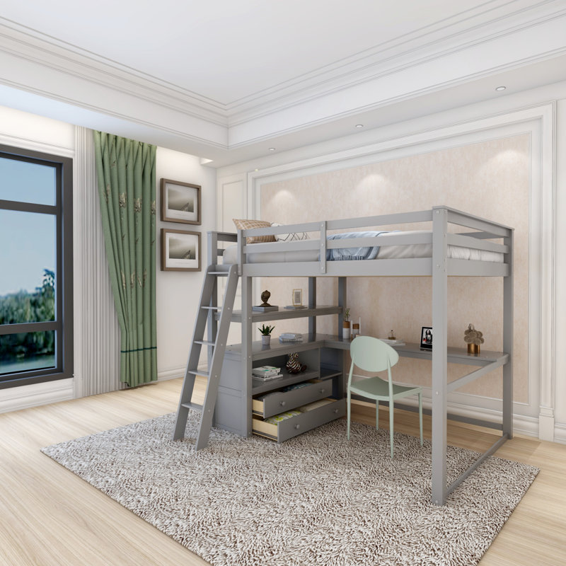 Lit mezzanine avec tiroirs Jameir Kids, Complète, Gris