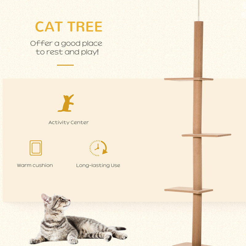 Tour pour chat de 8,5 pi de hauteur, plancher-plafond avec zones de saut confortables, arbre brun pour chatons énergiques, poteaux, vie