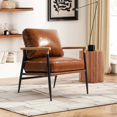 Dajauna Midcentury Modern Upholstered Metal Frame Leather Arm Accent Chair