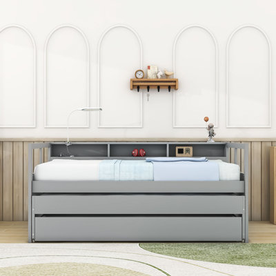 Twin XL Wood Daybed with Dual Twin Trundles, USB Charging and Storage