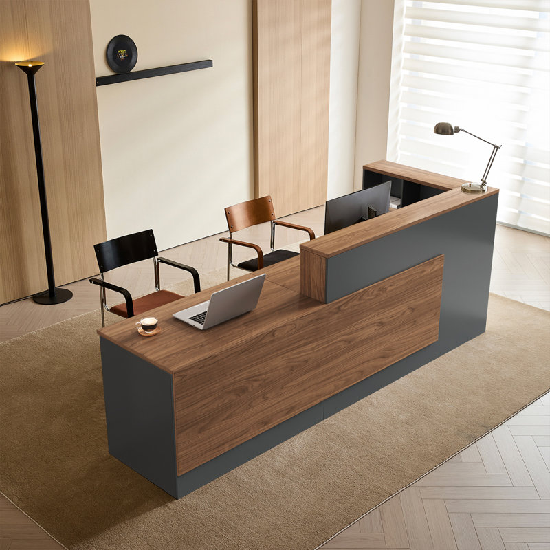 Bureau de réception moderne en L avec rangement surélevé et rails coulissants silencieux, Noyer / noir