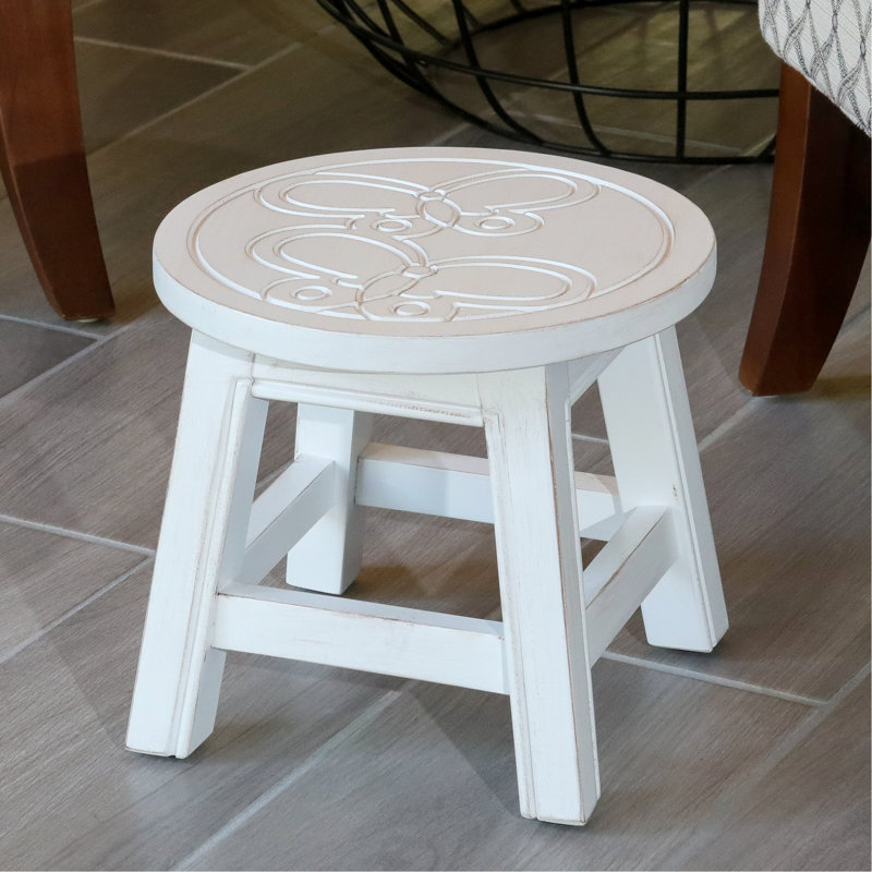 Wooden Step Stool, Antique White With Butterflies. Rubberwood Construction For ' Stools. 10" H Butterflies Stool In White. Rubberwood. Perfect Mini Side Tables, 's