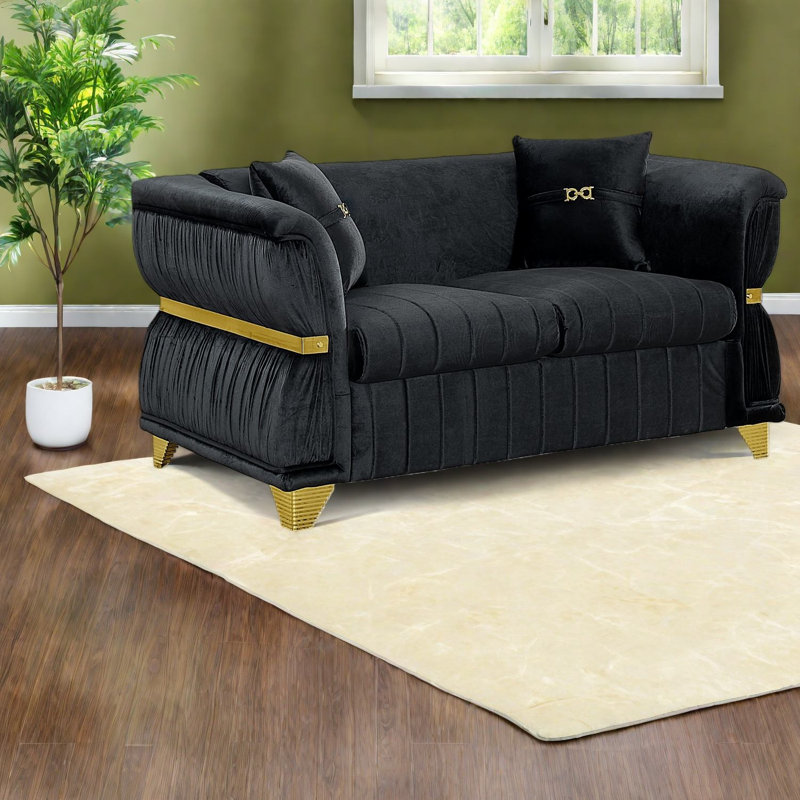 Causeuse Modern Sofas, velours noir 61,8 pouces, garniture en métal doré pour la maison