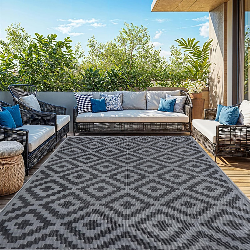 Black & Grey Geometric Cross Outdoor Rugs for Patio, Porch, or Balcony, Rectangle 8' x 10'